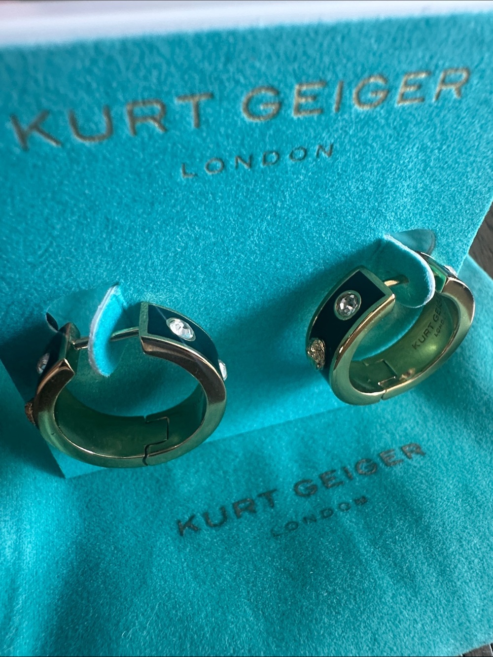 Kurt Geiger Gold-Tone Hoop Earrings with Black Enamel and Crystal Accents